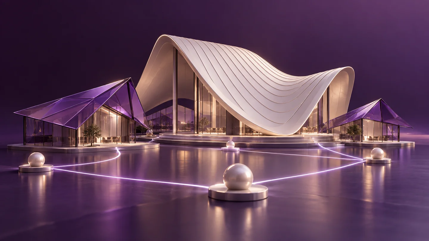 Layered ceramic roof forms connect through luminous customer relationship paths.