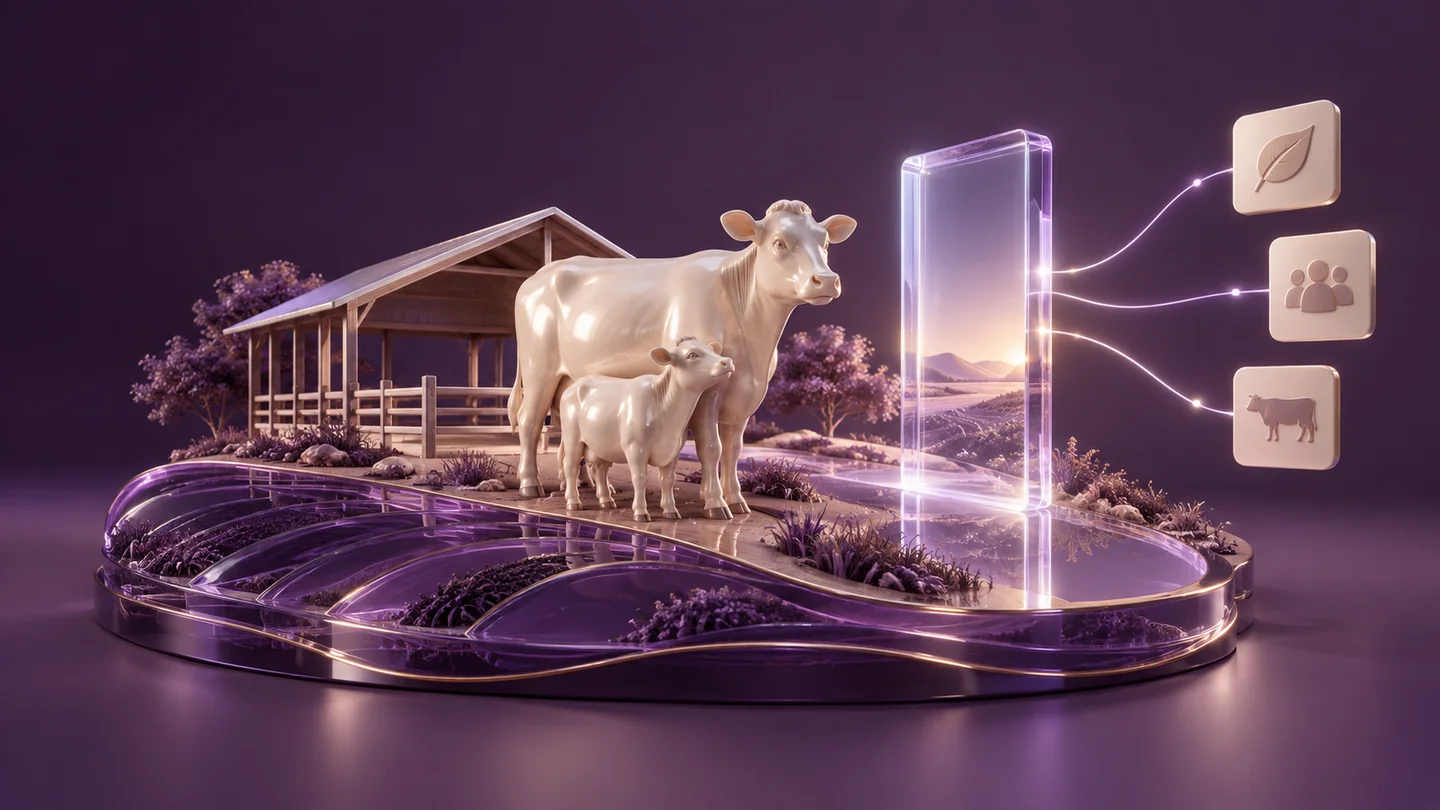 Ceramic cattle and a farm shelter connect through a glass service portal.