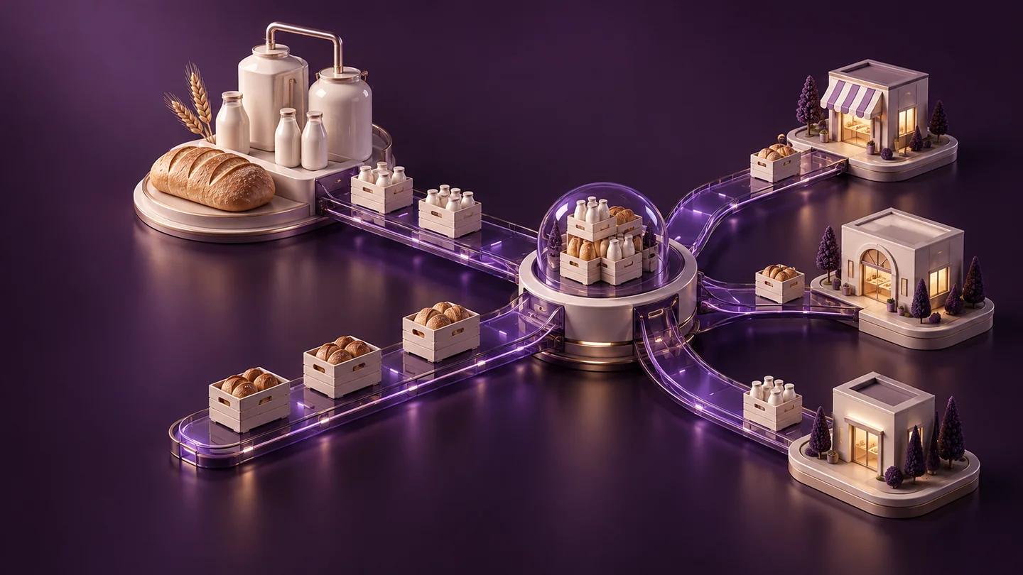 Ceramic milk vessels and bread forms travel along coordinated amethyst distribution paths.