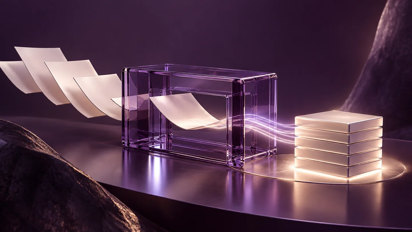 Blank invoice-like sheets move through a glass bridge into aligned financial blocks.