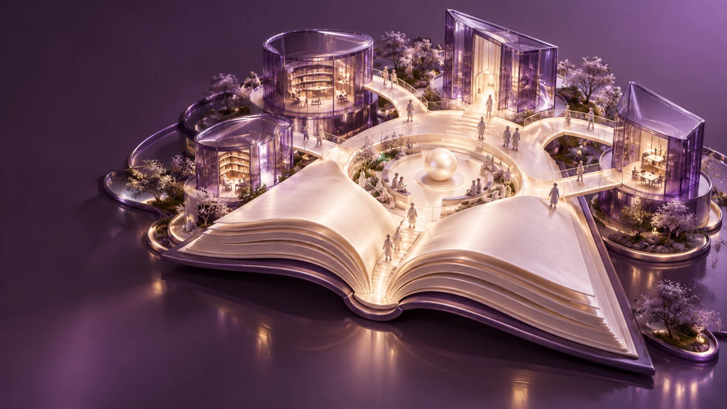 Open learning forms and campus pavilions connect through illuminated pathways.