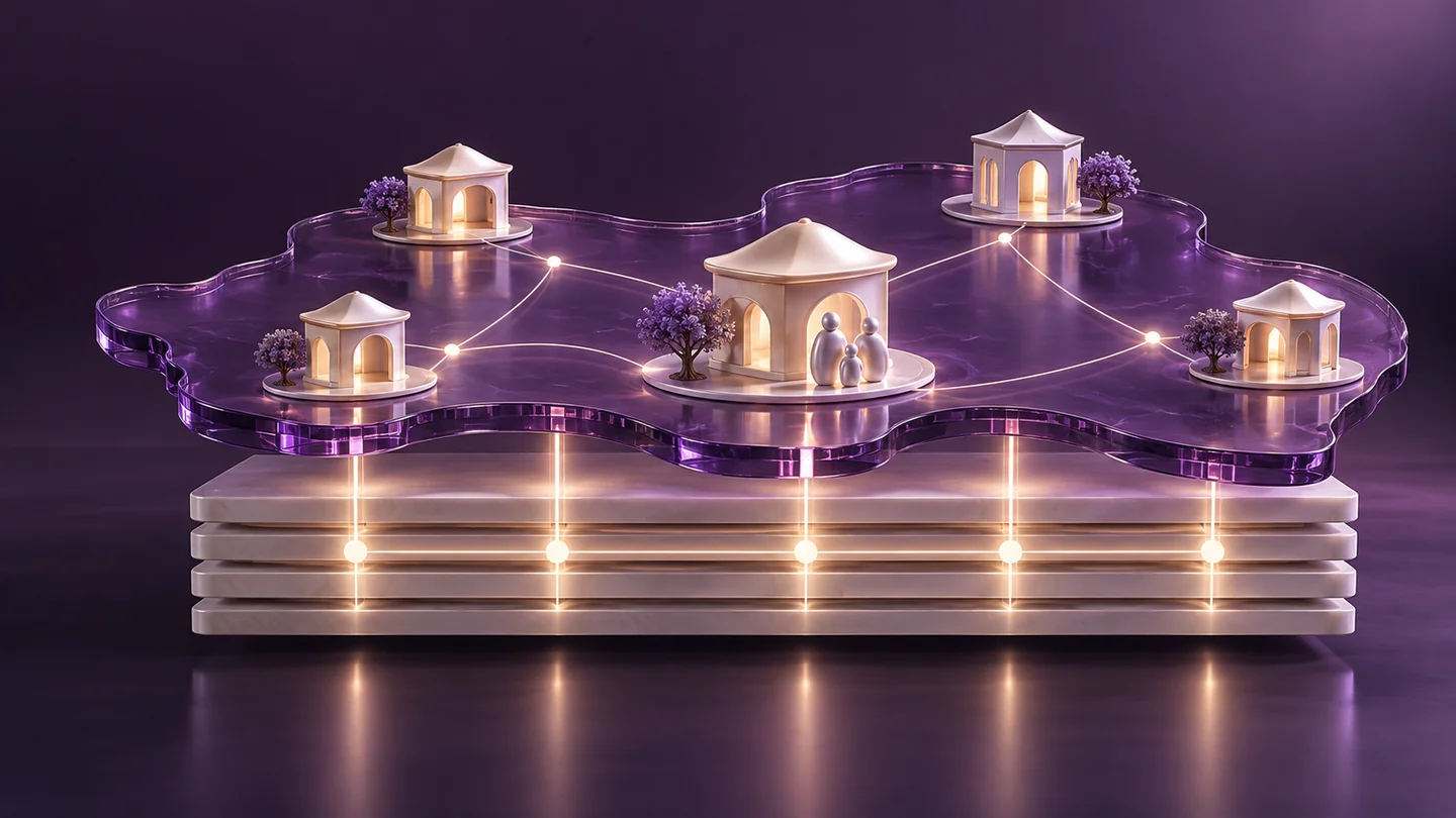 Community location pavilions share one illuminated financial foundation.
