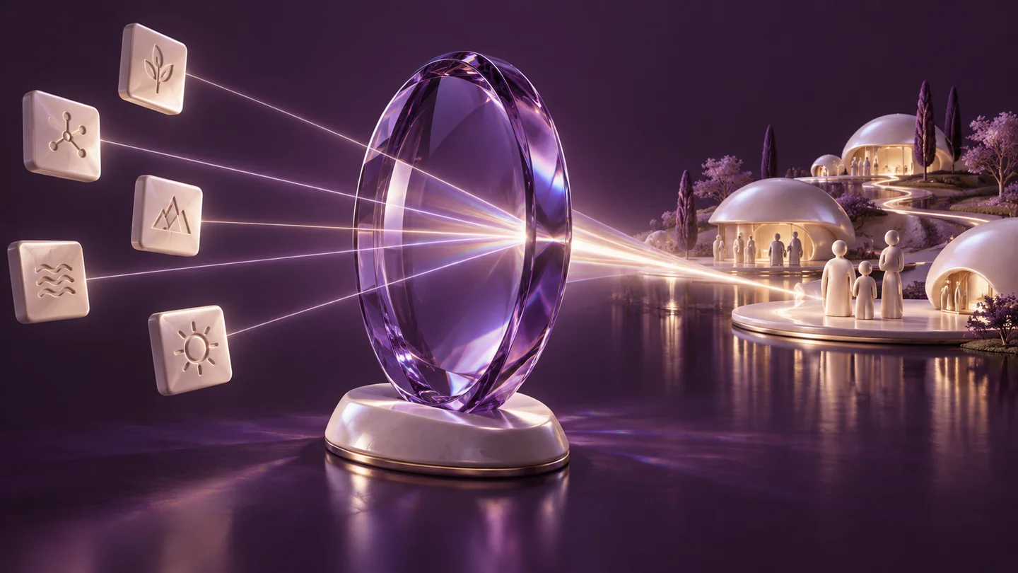 A faceted amethyst lens brings connected community outcomes into clear focus.