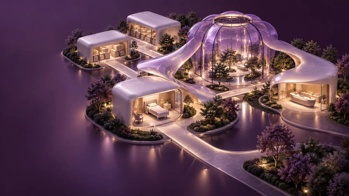 A conceptual care campus joins pearl pavilions through luminous workflow paths.