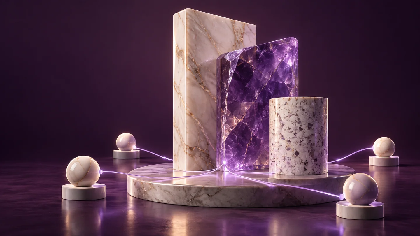 Premium stone samples connect along illuminated sales relationship paths.