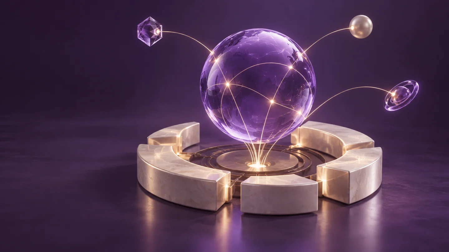 Satellite communication arcs link ledger-like structures around a glass globe.
