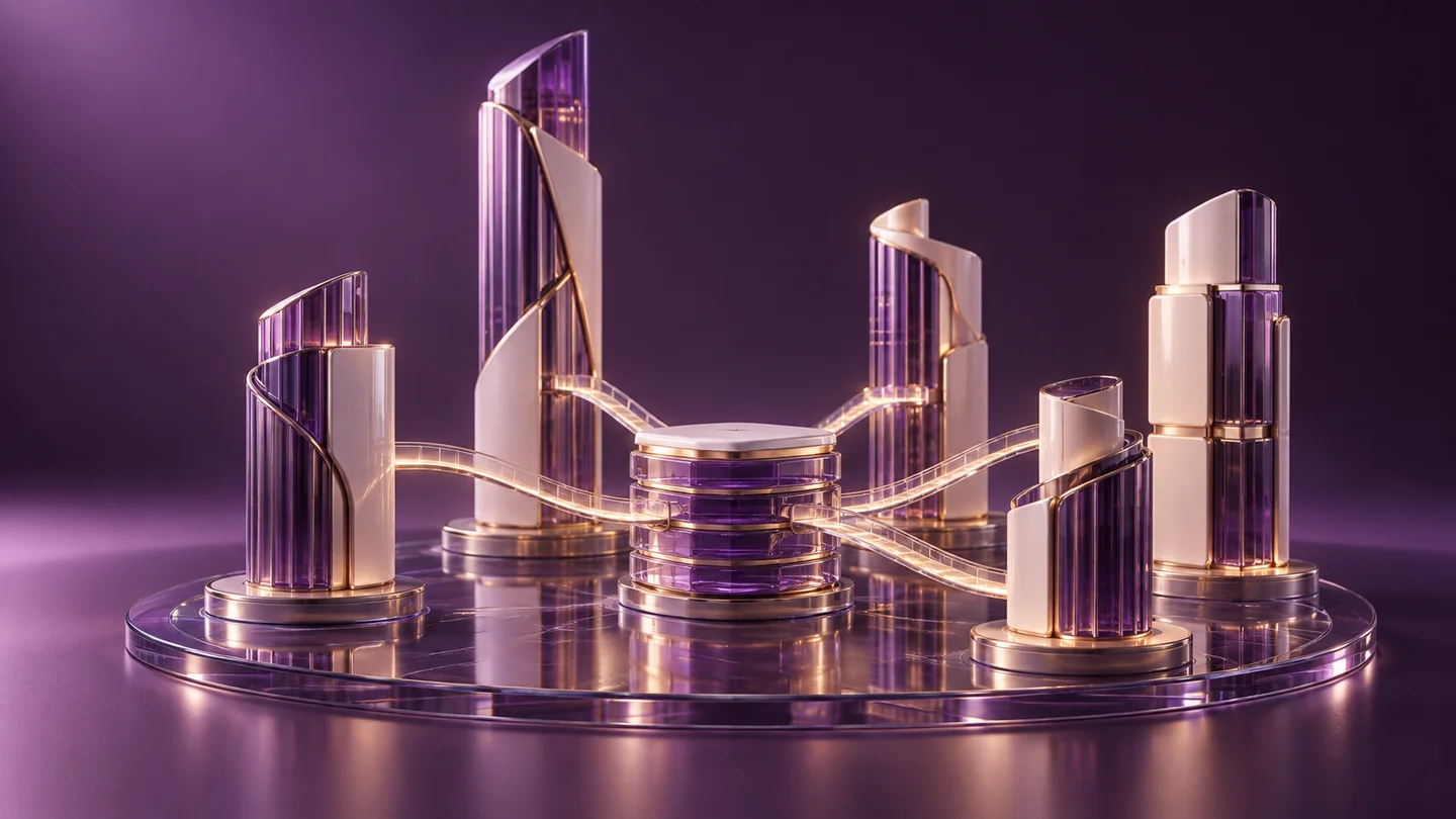 Linked financial towers stand on a unified amethyst glass foundation.