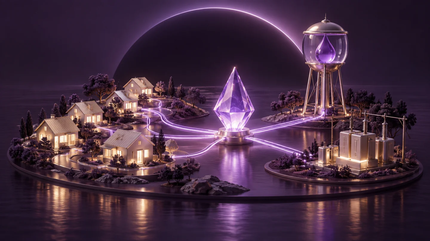 A miniature utility city connects water and energy structures to responsive light paths.