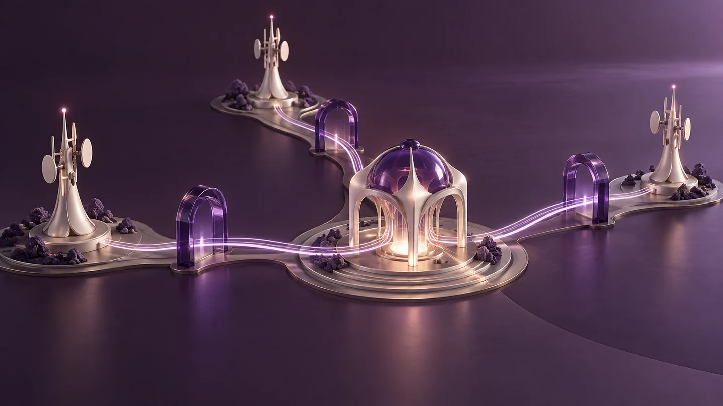 Telecommunication towers and luminous routes connect through orderly glass regulatory gateways.