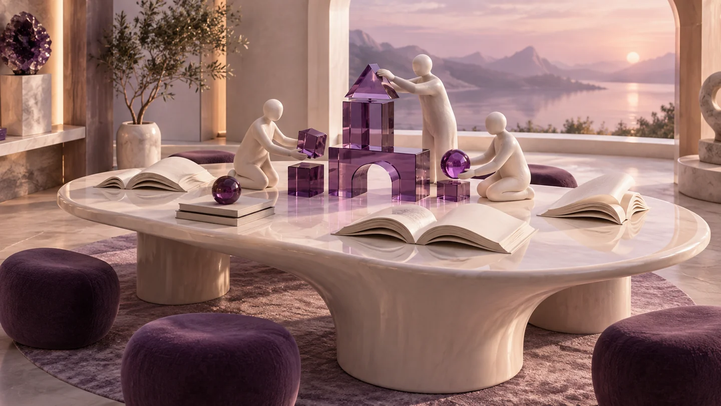 Shared creative space with sculptural figures, books and a collaborative construction.