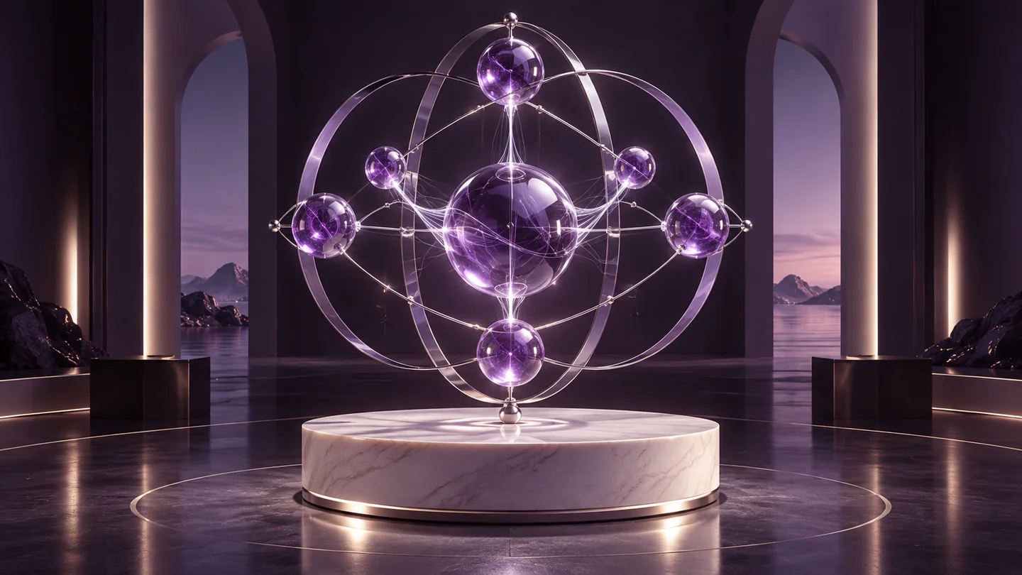 An abstract amethyst qubit research sculpture explores quantum possibility.