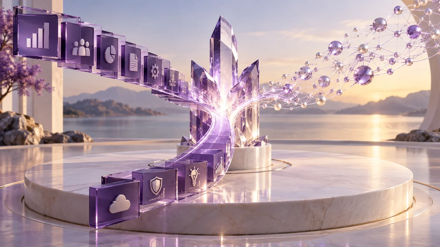 Business application modules and intelligence structures converge in a shared innovation installation.